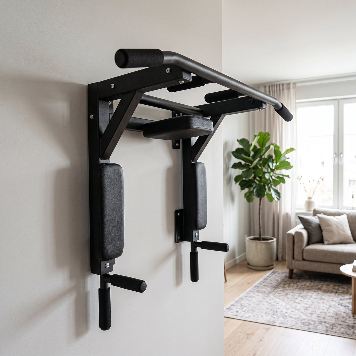 CalisFit Bar montada en la pared de un living moderno, barra de dominadas para entrenar en casa