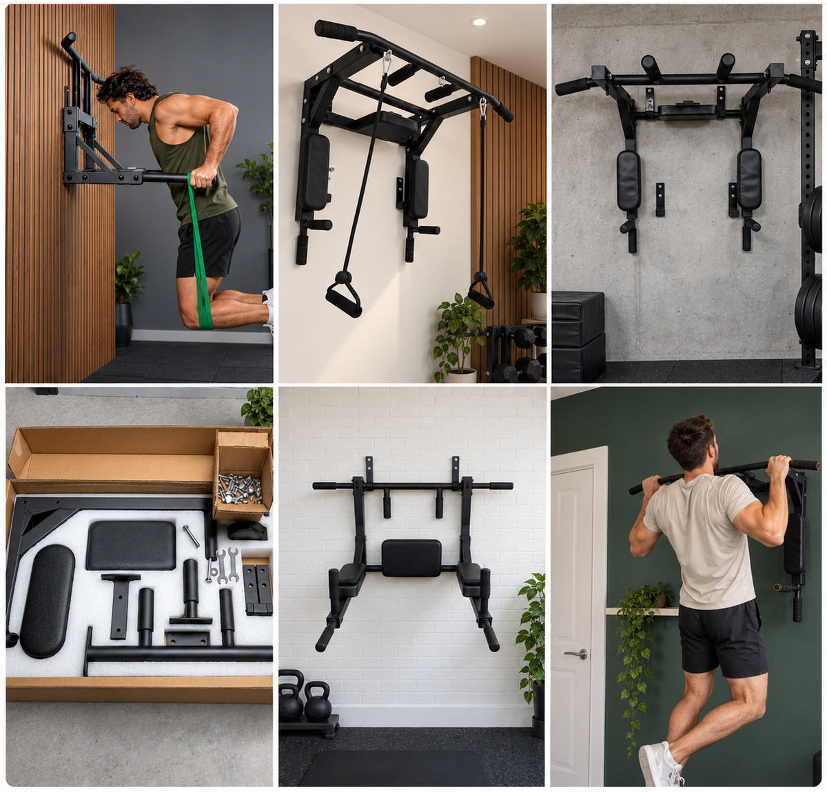 Personas entrenando dominadas y fondos en casa con la barra de pared CalisFit Bar